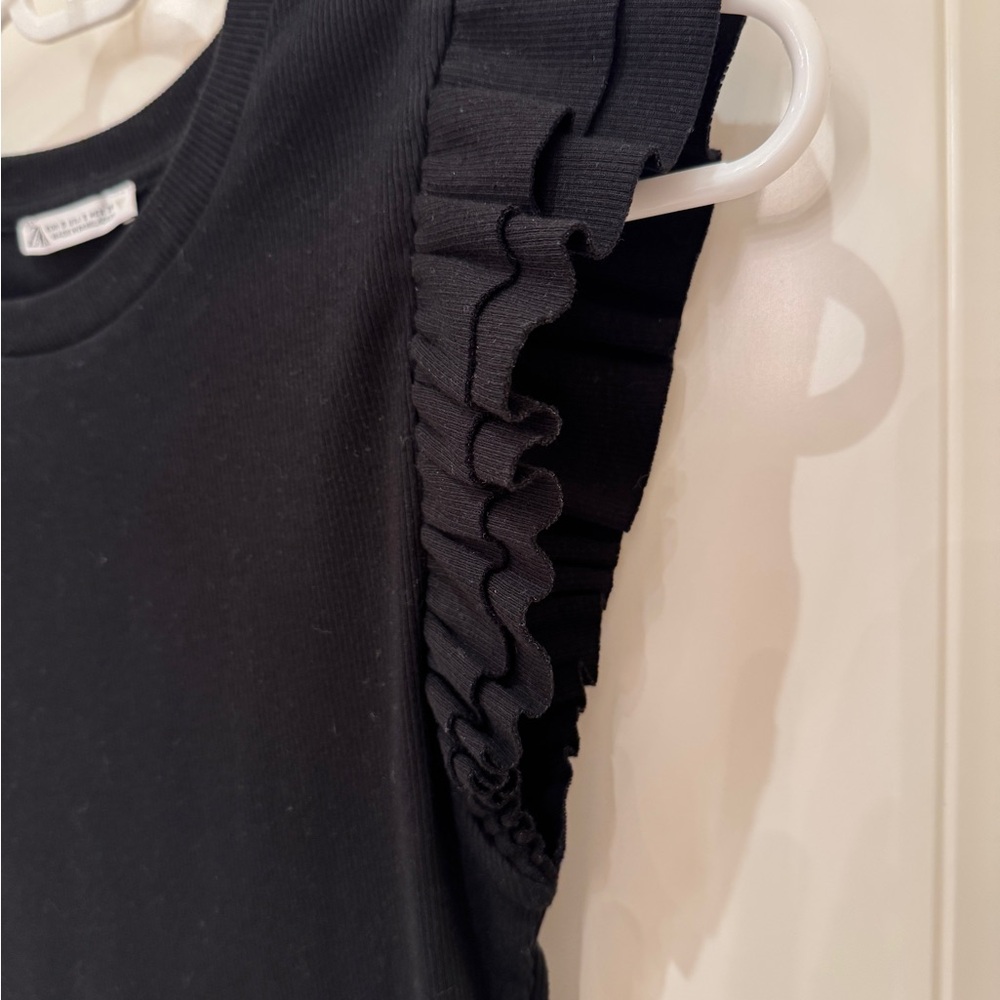 Zara Black Ruffle Sleeve Ribbed Top - Picture 5 of 7